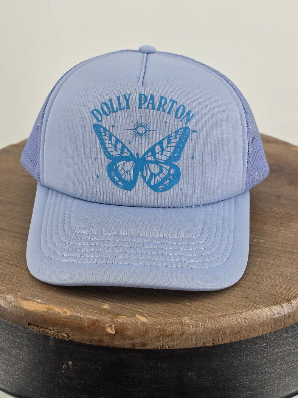 Dolly Parton Hat Blue Butterfly Foam Trucker Snapback High Profile Cap Merch